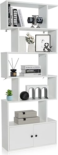 STAKOL Estantería de 6 niveles con gabinete, armario independiente en forma de S con puertas, dispositivo antivuelco, estantería geométrica de