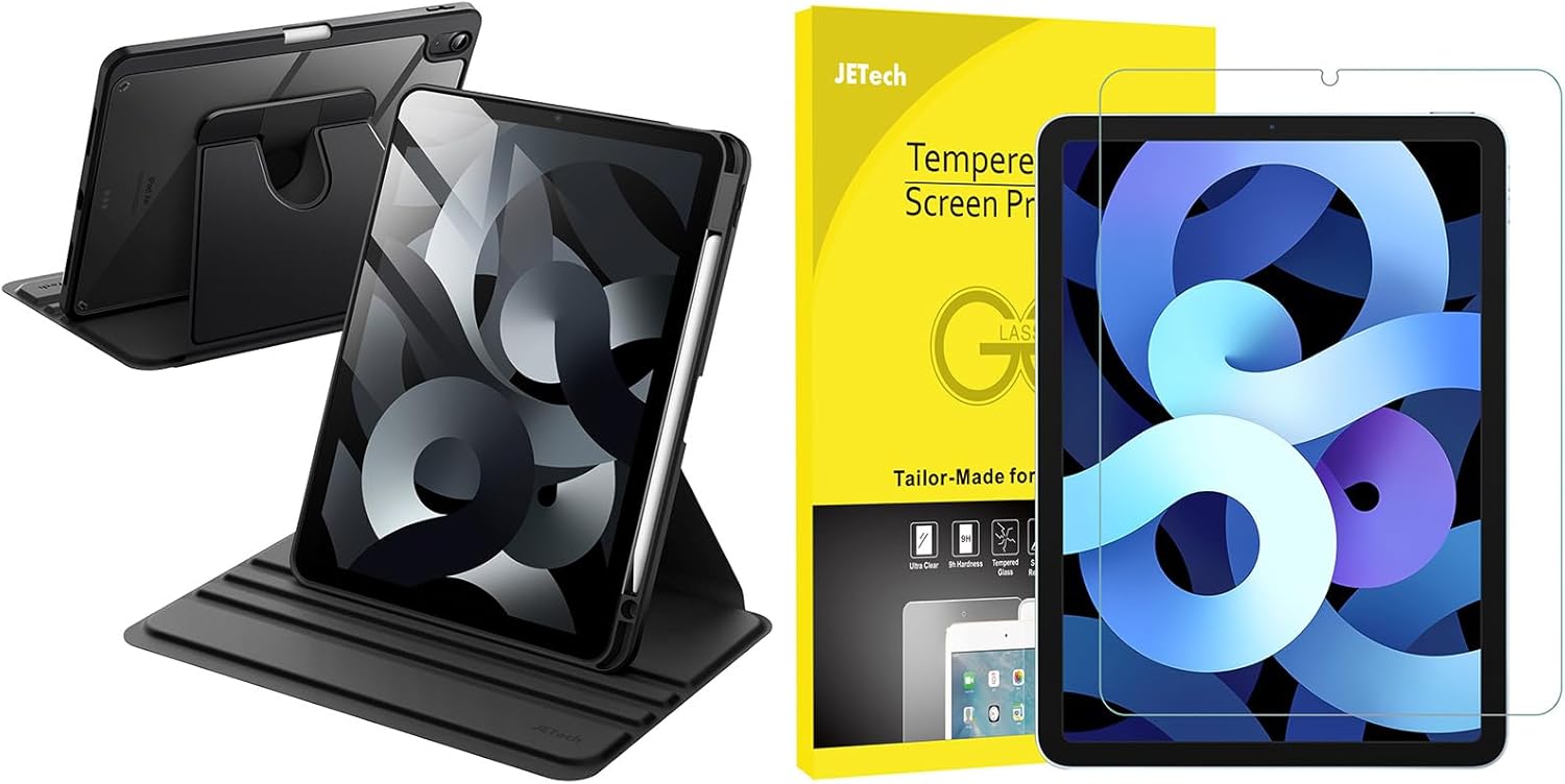 JETech for iPad Air 5/4 (2022/2020 5th/4th Generation 10.9-Inch) Rotating Case and Screen Protector Bundle