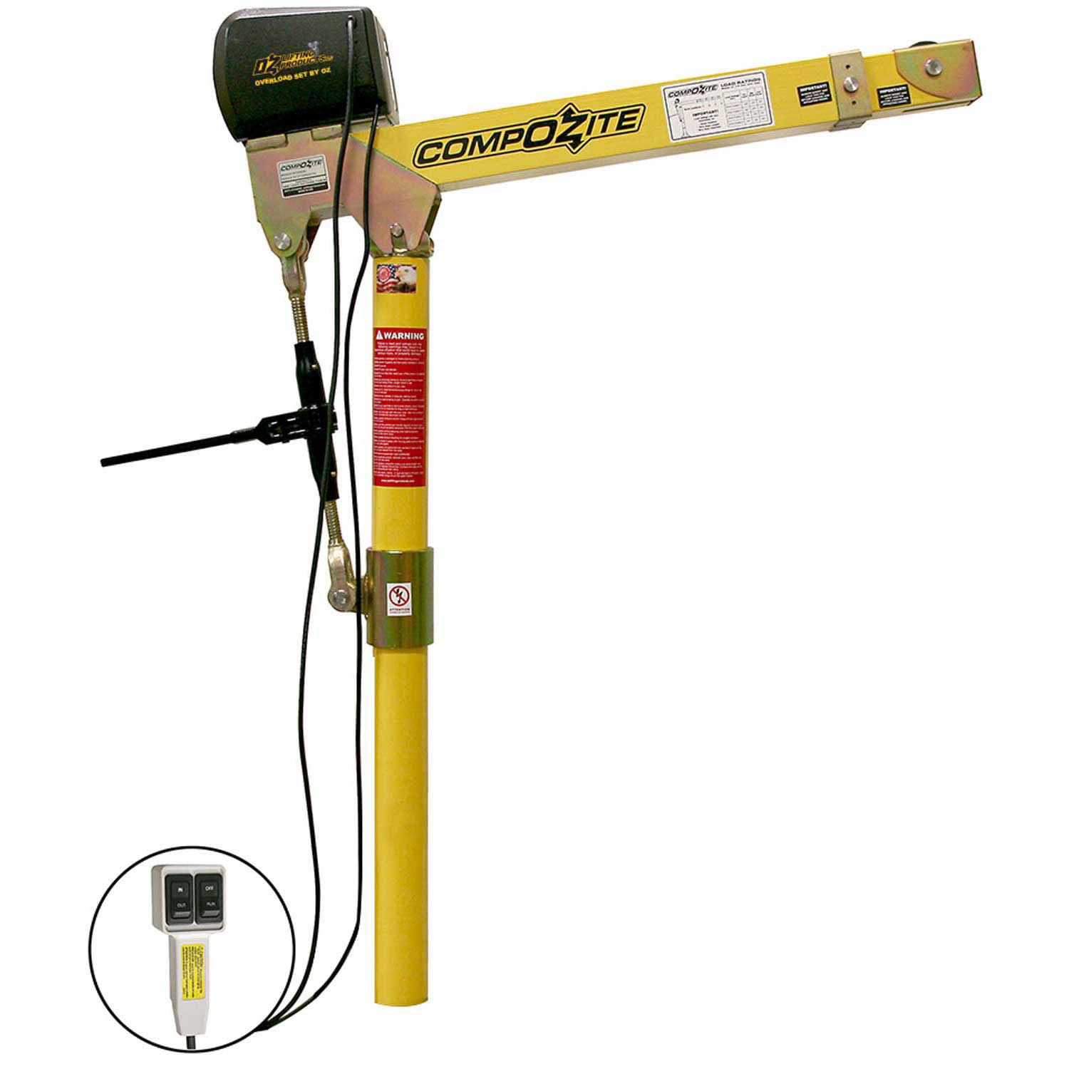 OZ Lifting Composite Davit Crane W/ 12V DC Electric Winch by OZ Lifting Products – 60"L x 22"W x 10"H, Advanced Composite Material & Steel, Yellow & Gold, Model OZ1200DAV-DCW