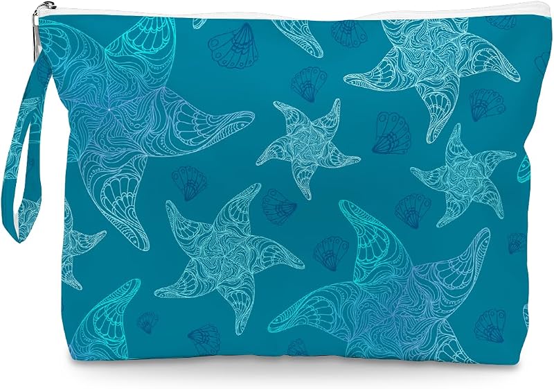 Necessaire impermeável Fokongna com zíper e alça, estampa degradê turquesa com estrelas-do-mar
