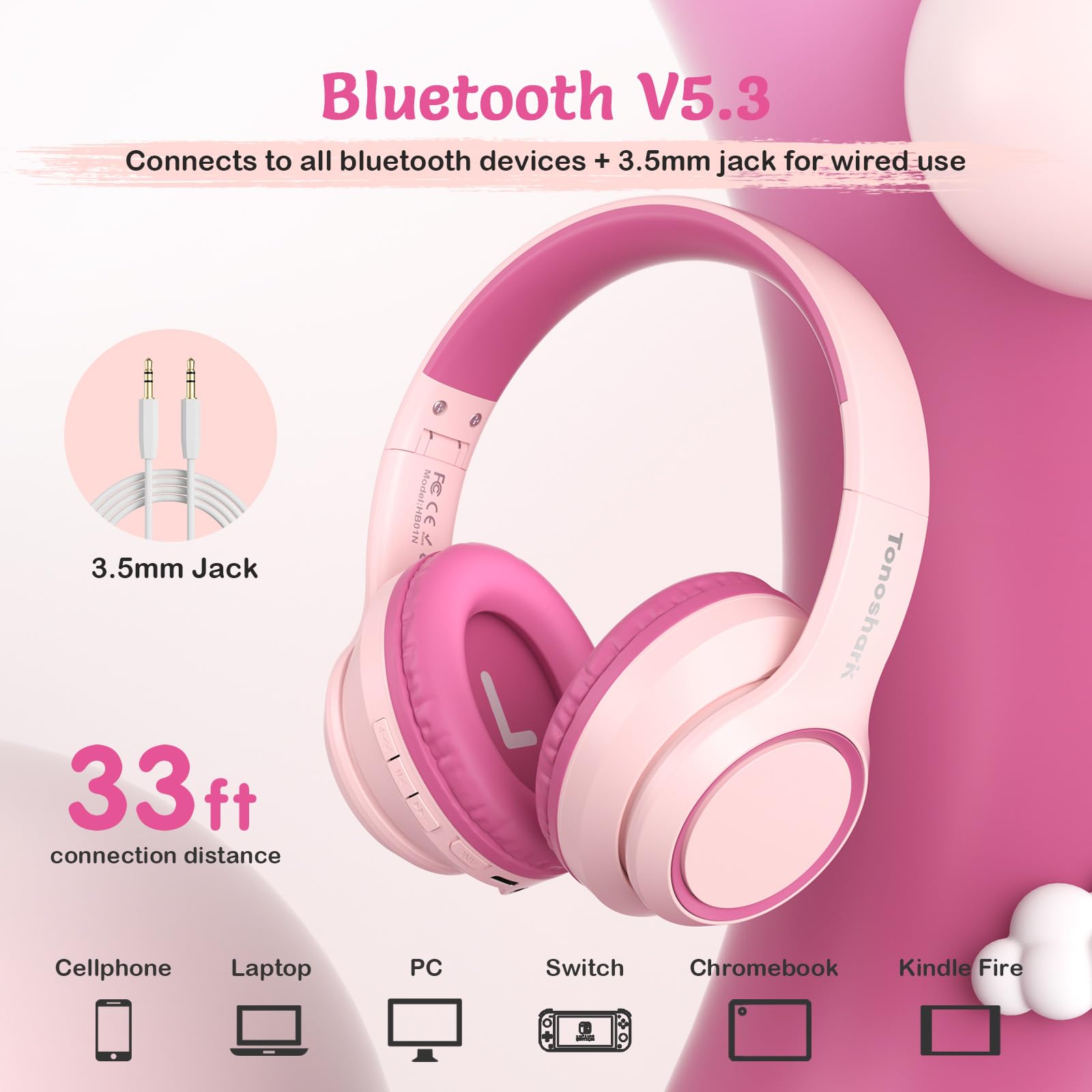 TONOSHARK Auriculares Inalambricos Niños, Cascos Niños Ruido con Micrófono, Bluetooth Auriculares Infantiles, Cascos Niña, 60 Horas De Autonomía, Over-Ear - Incluye Estuche Portátil (Rosa)