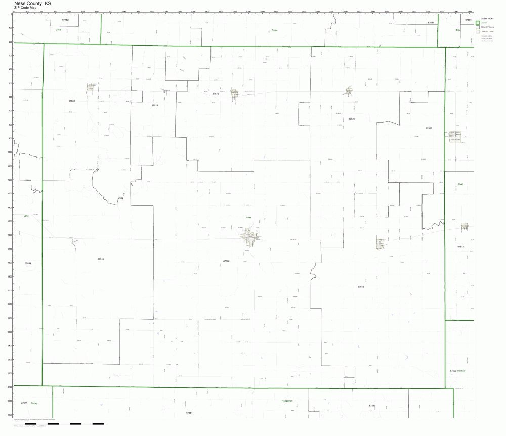 Ness County, Kansas KS ZIP Code Map Not Laminated Office
