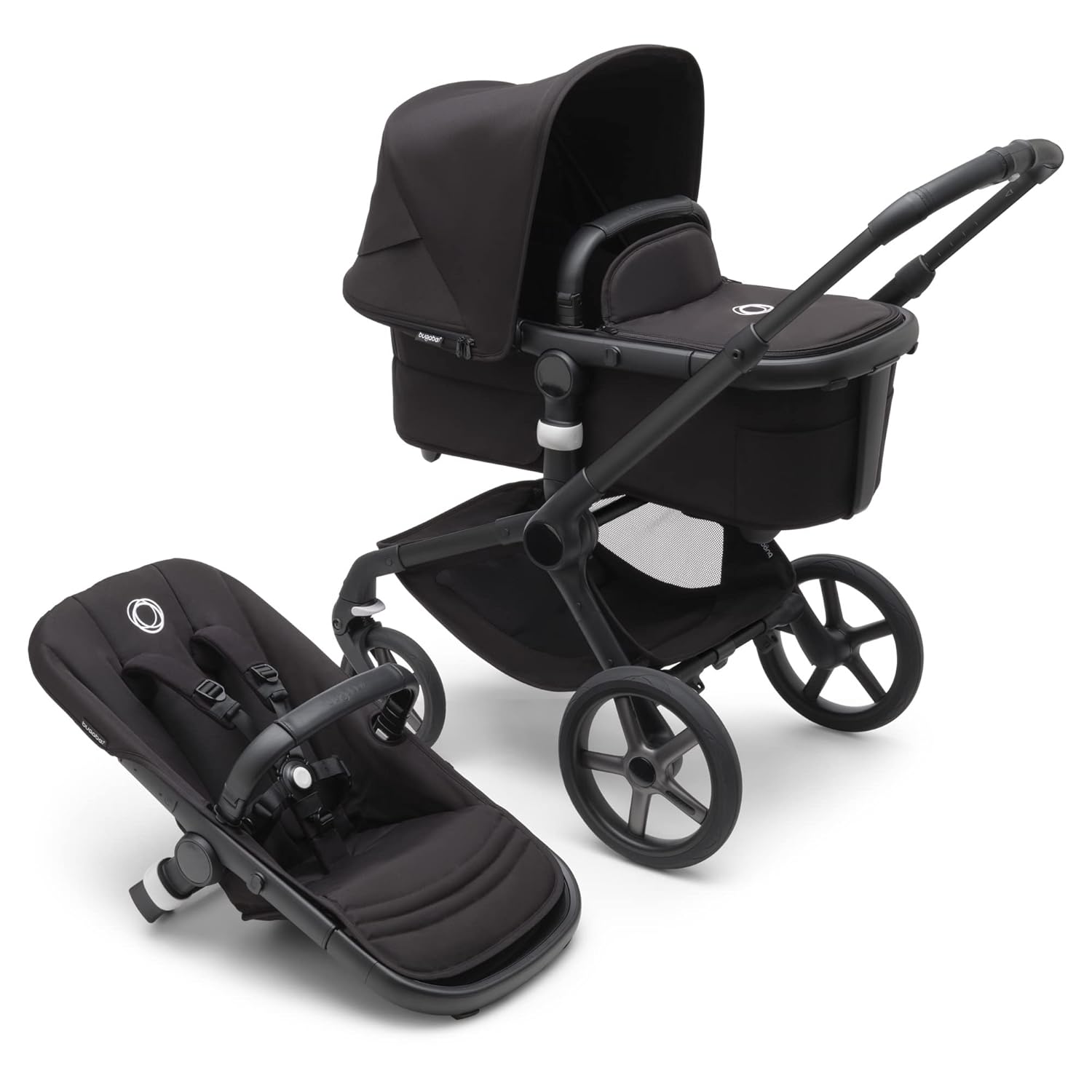 Bugaboo Fox 5 Stroller components including chassis, bassinet, and separate seat