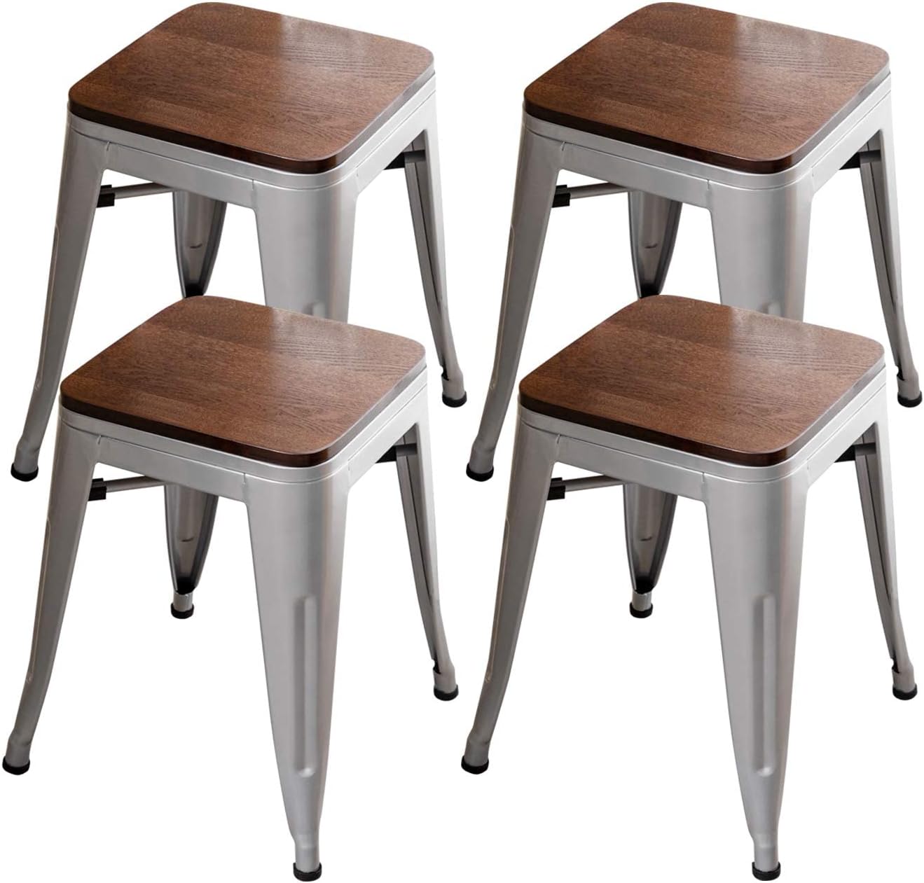 HAOBO HomeModern Industrial Metal Stool with Wooden Seat [Set of 4] Stackable Counter Height 18" Dining Chair, Silver