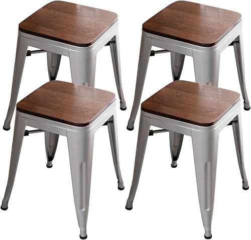 Miniatura 53 de [Juego de 4] Taburete metálico apilable industrial moderno para interior/exterior 17 pulgadas, Metal Plata sin espalda con madera,Sin espalda negro
