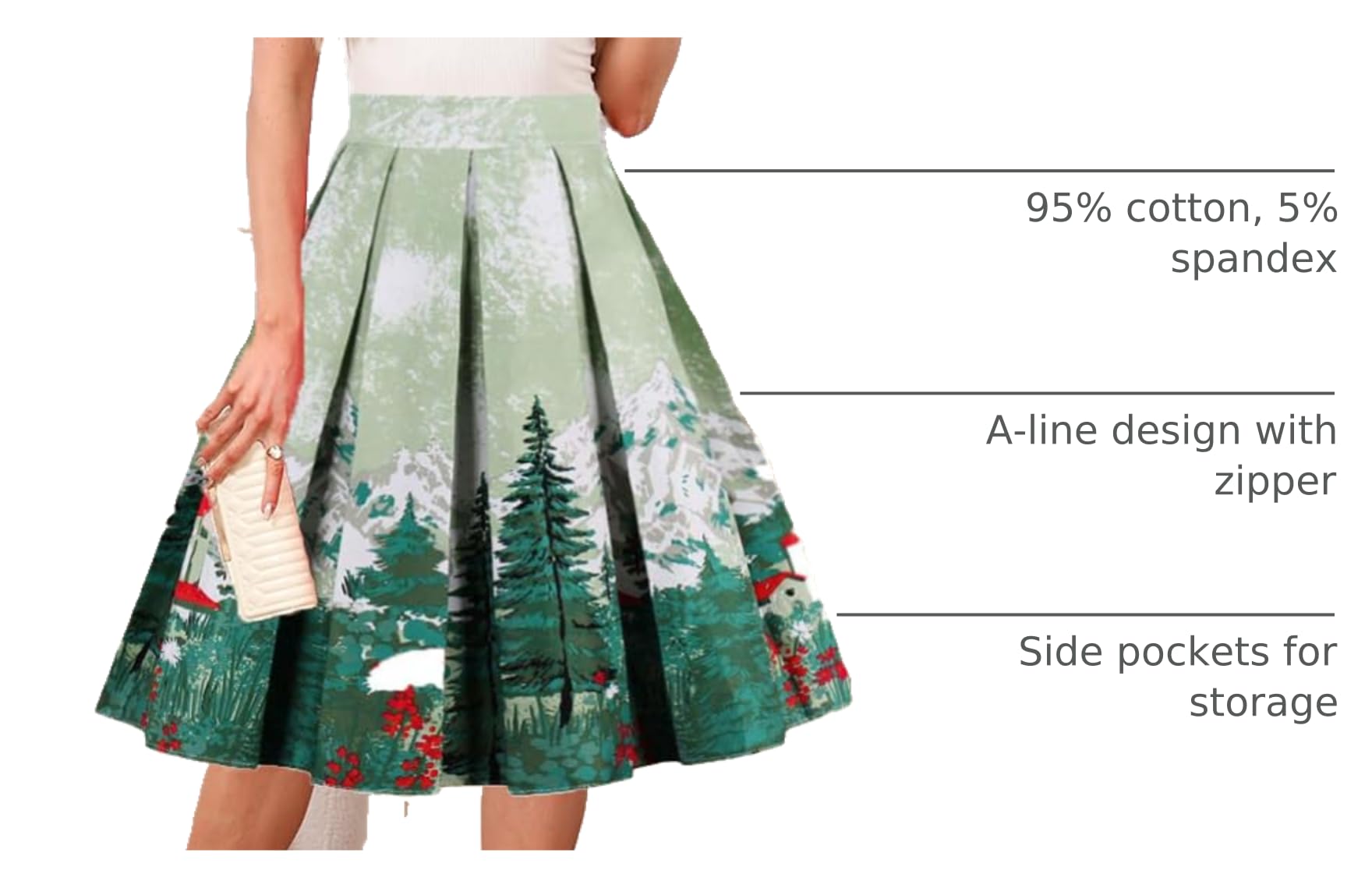 OBBUE Dresstore Vintage Pleated Skirt Floral A-line Printed Midi Skirts with Pockets Christmas-Tree-XL