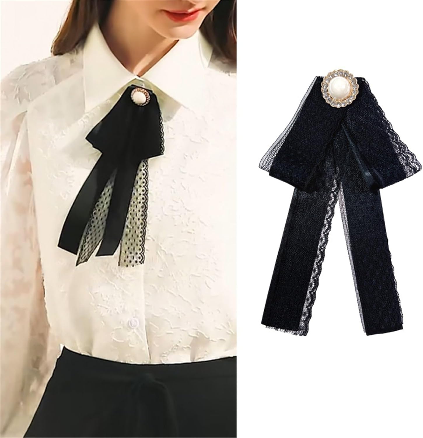 制服リボン 蝶結び スモールレースパールシャツ蝶ネクタイレディースブローチアクセサリー 男女兼用 通勤 通学(Black 2)