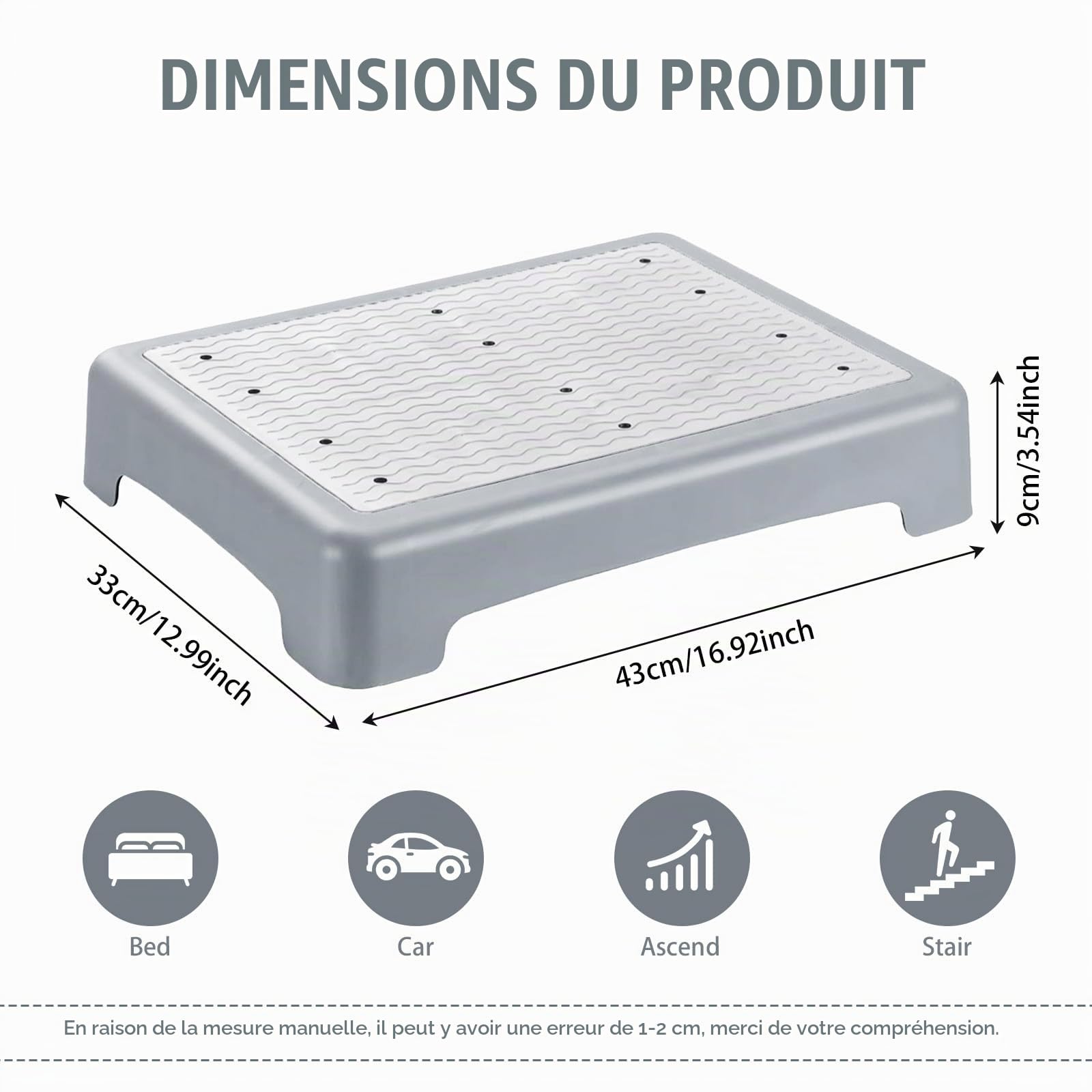 Marchepied antidérapant de 9 cm, marchepied portable, aide à la montée et aide à la marche, antidérapant, charge maximale : 220 kg, pour personnes âgées, douche, baignoire, voiture, extérieur