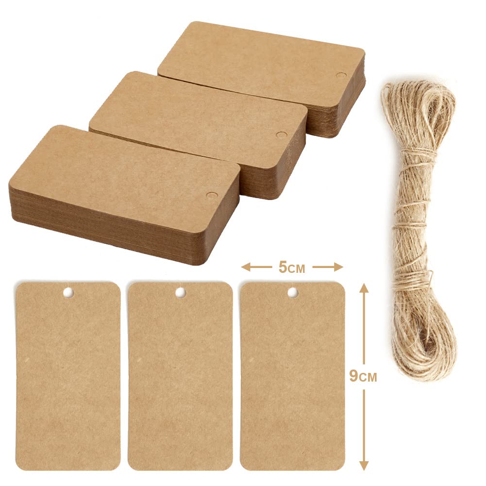 Kraft Paper Gift Tags, Brown, Rectangular 9x5 cm, 100 Pack with String