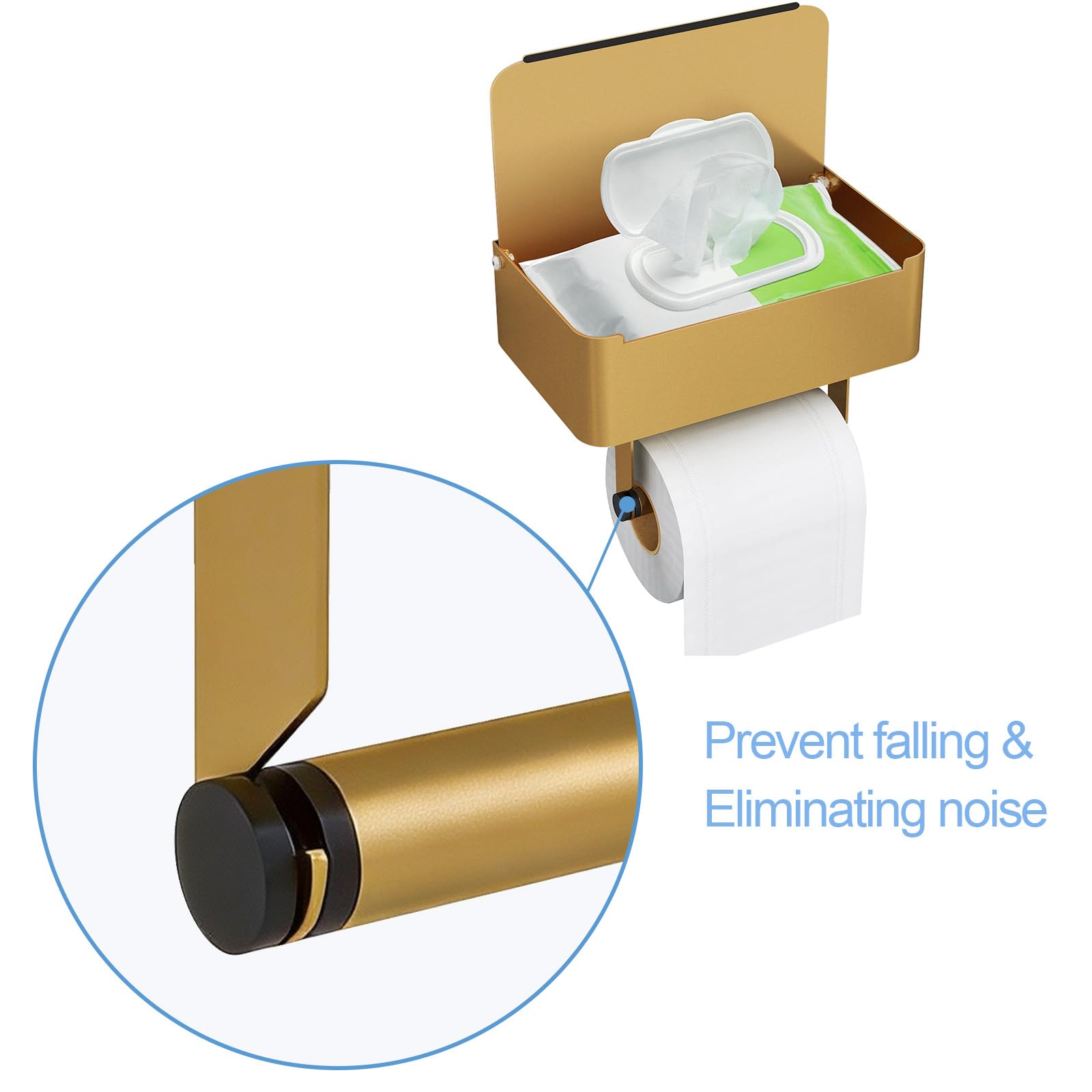 Caja para toallitas húmedas y papel papel higiénico Gypie sin taladrar, soporte dorado y acero inoxidable