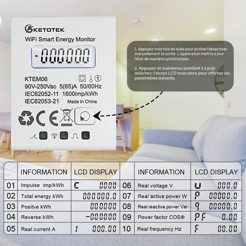 KETOTEK WiFi Compteur d'Énergie Monophasé Rail Din Compteur électrique Numérique AC 5(65) A 90-250V Wattmetre Consommation Electrique Mètre Watt KWh Smart Single Phase Energy Meter