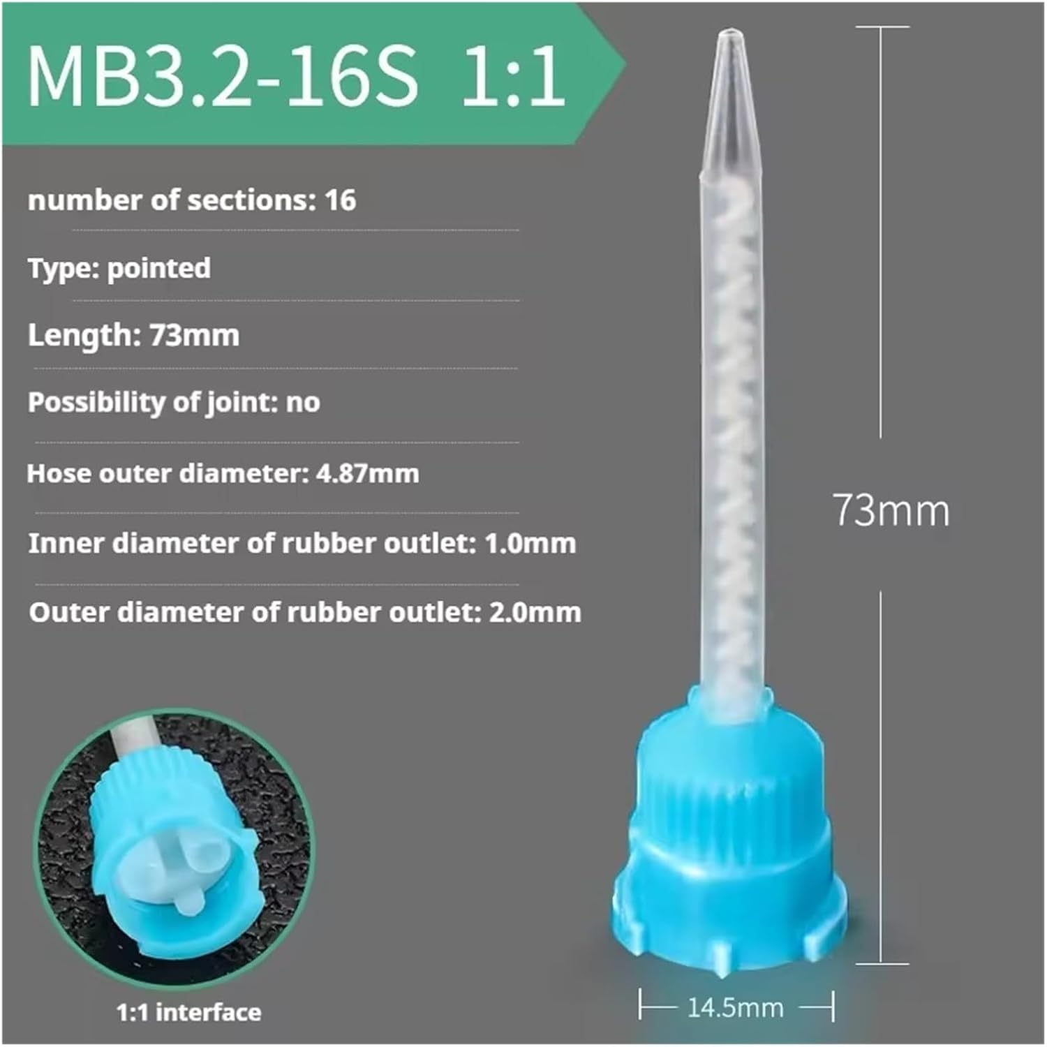 50Pcs/Bag Silicone Rubber Mixing Nozzles Tube 1:1 Ratio,MB3.2-16 Glue Syringe AB Static Mixer for Two-Component Cartridge