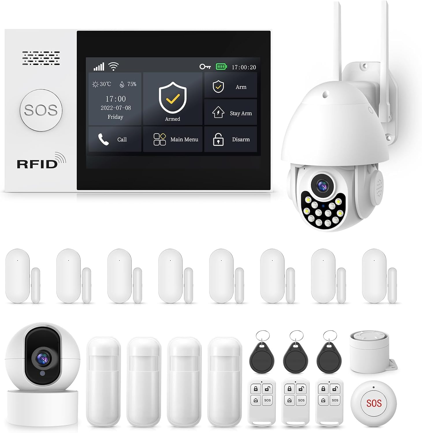 4,3 Zoll Touchscreen Alarmanlage für Haus mit Innenkamera und Außenkamera, 4G+ WLAN Alarmanlage Haus, Wohnung mit Sirene, 4 PIR-Bewegungsmelder, 8 Fenster-/Türsensor, 3 Fernbedienungen