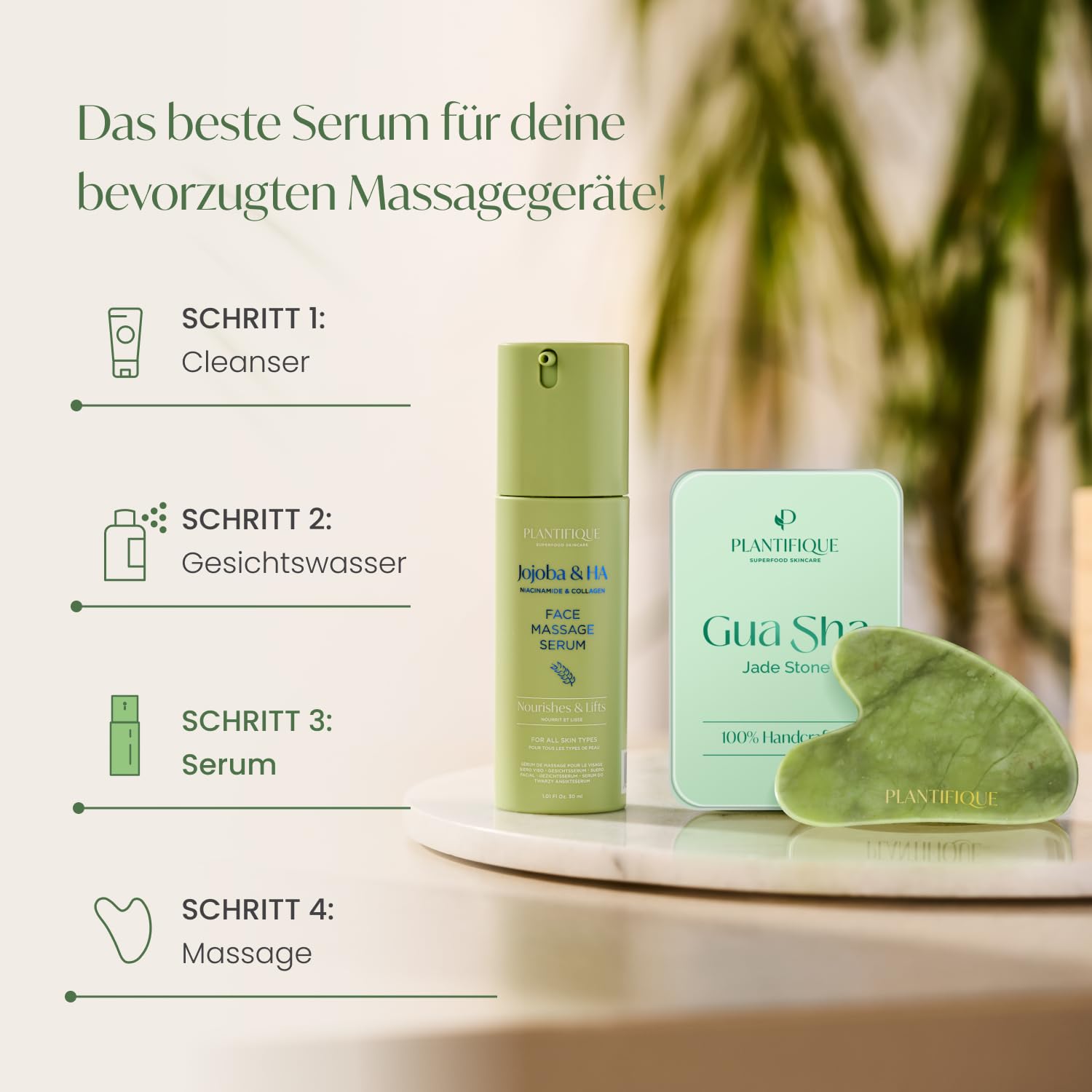 PLANTIFIQUE Rose Quartz Face Roller and Rose Quartz Gua Sha Set and Jojoba Oil & Hyaluronic Acid Face Serum for Gua Sha Massage with Vitamin C, E Niacinamide