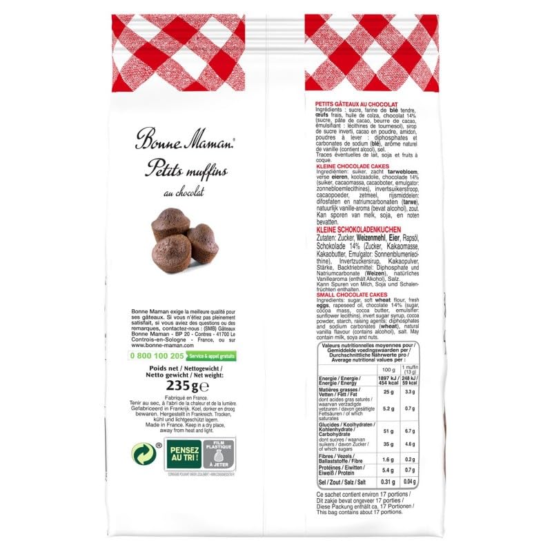 BONNE MAMAN - Petits Muffins Chocolat Moelleux de 235g Pour une Pause Gourmande et Douce. - Lot De 4 - Vendu Par Lot
