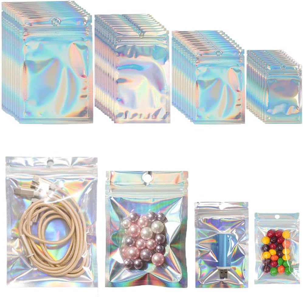 200 pcs Holographic Bags, BOSOIRSOU 4 Sizes Smell Proof Bags Mylar Bags for Food Storage Foil Pouch Resealable Bag for Coffee Beans Candy Lip Gloss Packaging Jewelry Packaging