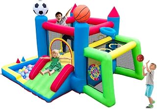 Inflatable Bounce House for Kids Ages 3-6, 7-in-1 Sports Themed Bouncy Castle with Slide, Ball Pit, Hoop & Soccer Goal, Dartboard, Ring Toss, Blower for Indoor Outdoor Play Center