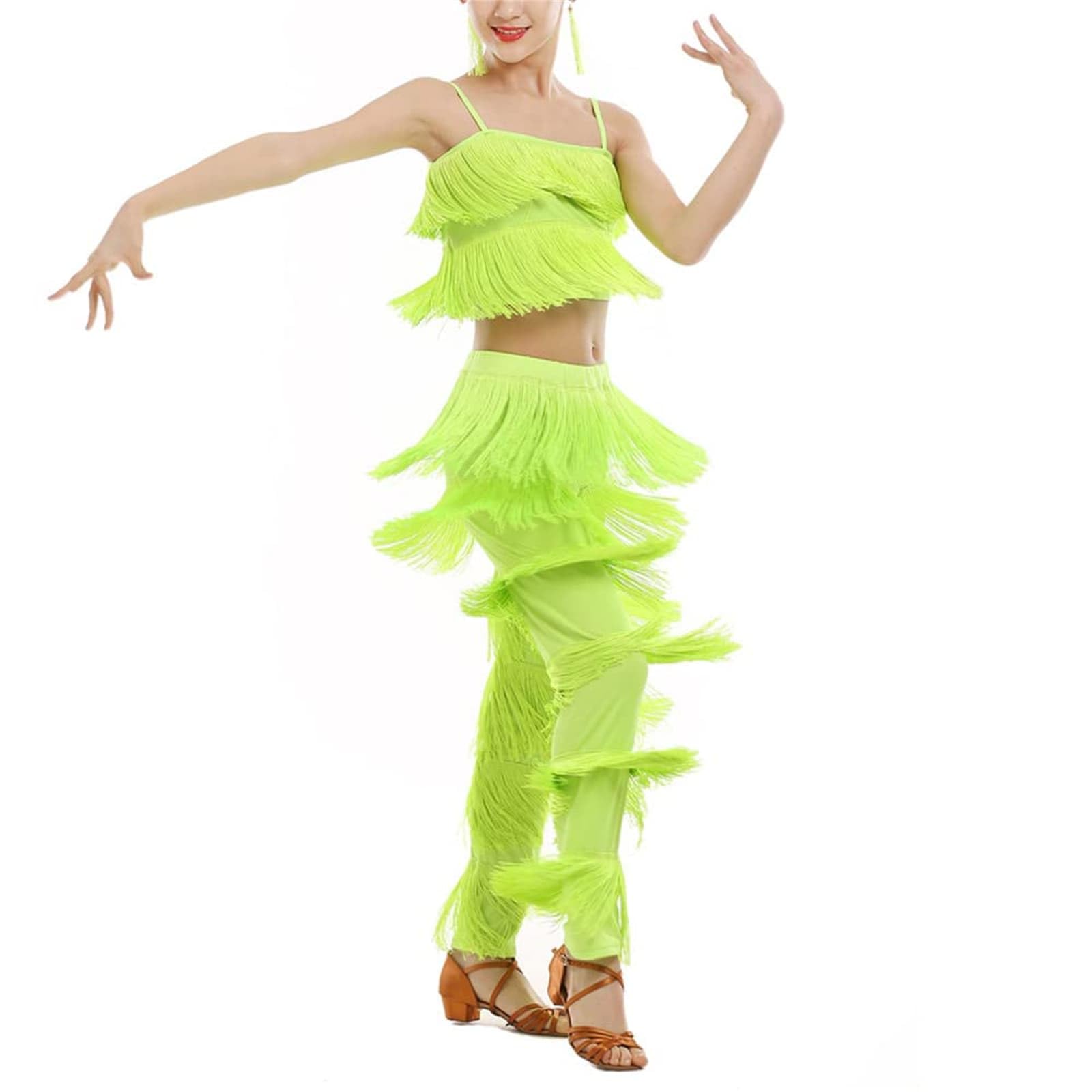 Conjunto de 2 piezas de disfraz de baile latino para niñas, camisola con borlas, pantalones con flecos, trajes modernos de salón de salsa