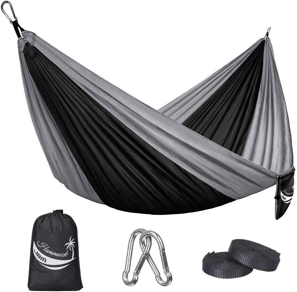 JBM Camping Single Hammock Portable Hammock Swing with Carrying Bag Nylon Ropes & Steel Carabiners Outdoor Camping Hammock for Patio Porch Garden Backyard Lounging - Support 264-330lbs