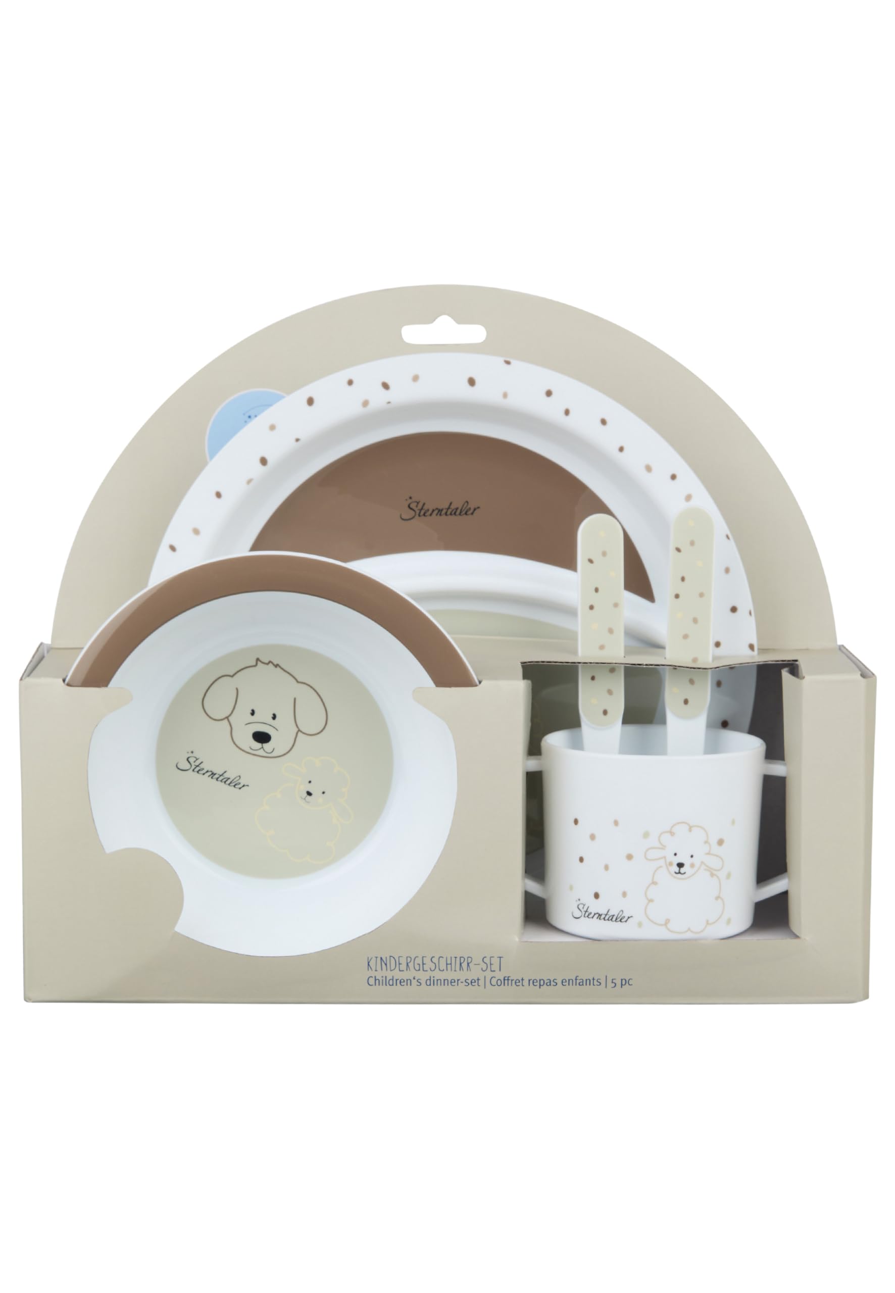 Sterntaler Geschirrset Bauernhof - Baby und Kinder Geschirr mit rutschfestem Sockel an Teller, Tasse und Becher - robustes Baby und Kindergeschirr aus lebensmittelechten Material, beige