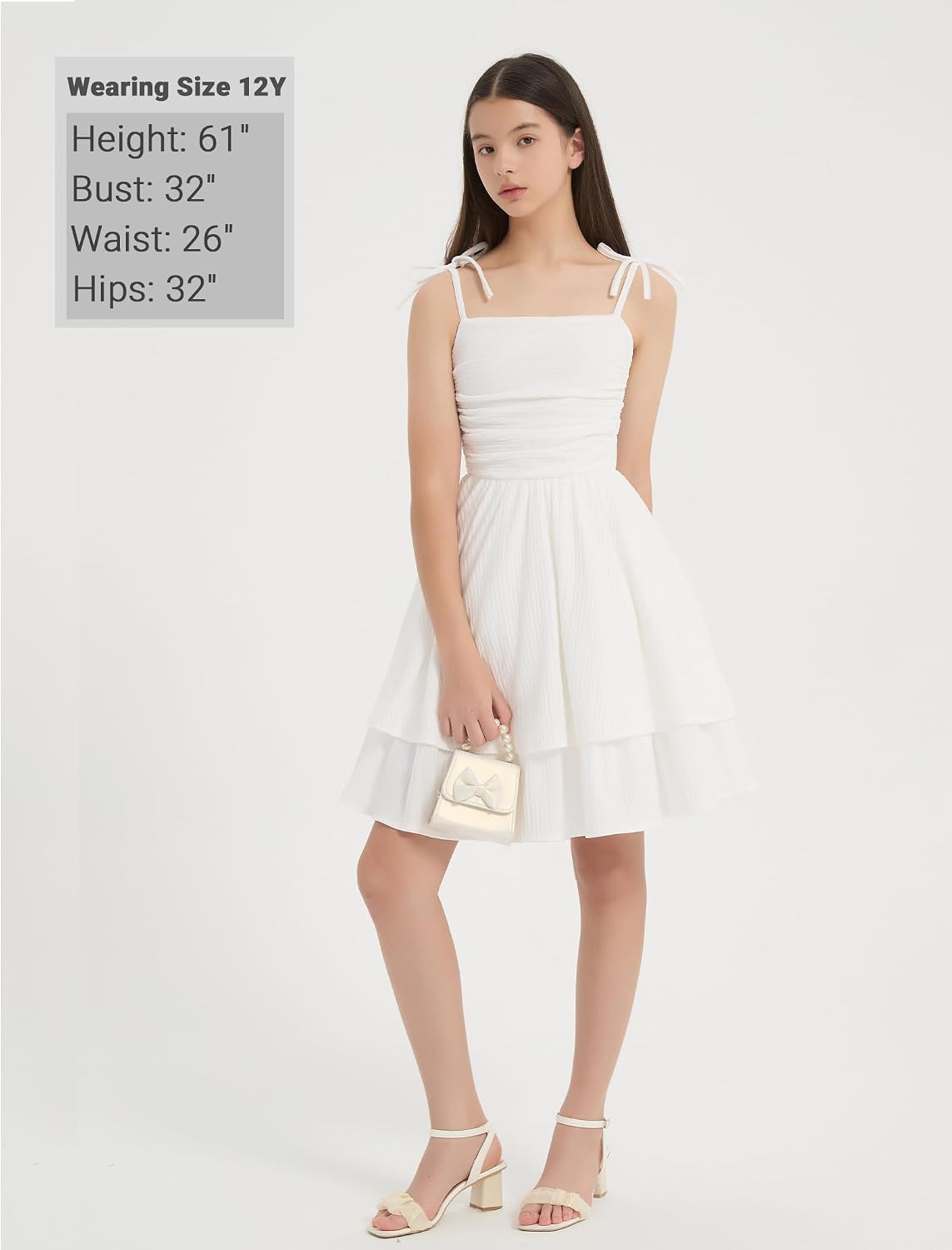 EXARUS Girls Flowy Dress Bow Swing Smocked Ruffled Teen Summer Graduation Dance Ruched Spaghetti Strap Mini Dresses