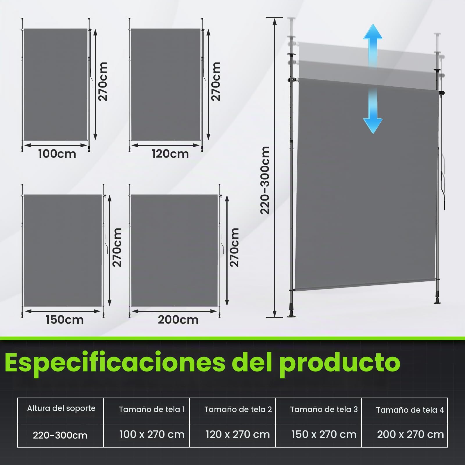 YEAUPE Pro - Toldo Vertical Exterior Solar 200 x 270 cm, Color Negro Gris, sin taladrar, Estor de Pinza con manivela, Adecuado para balcón, terraza, Exterior y jardín, Resistente a la Intemperie
