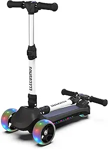 ELECOSMOS Safe Electric Scooter for Kids 4+, Balance for Beginner, Thumb Throttle, Flash Deck, Extra Wide Light Up Big Wheels, Adjustable Heights, 5 MPH Safe Speed, UL2272 Certified