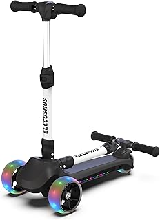 Safe Electric Scooter for Kids 4+, Balance for Beginner, Thumb Throttle, Flash Deck, Extra Wide Light Up Big Wheels, Adjustable Heights, 5 MPH Safe Speed