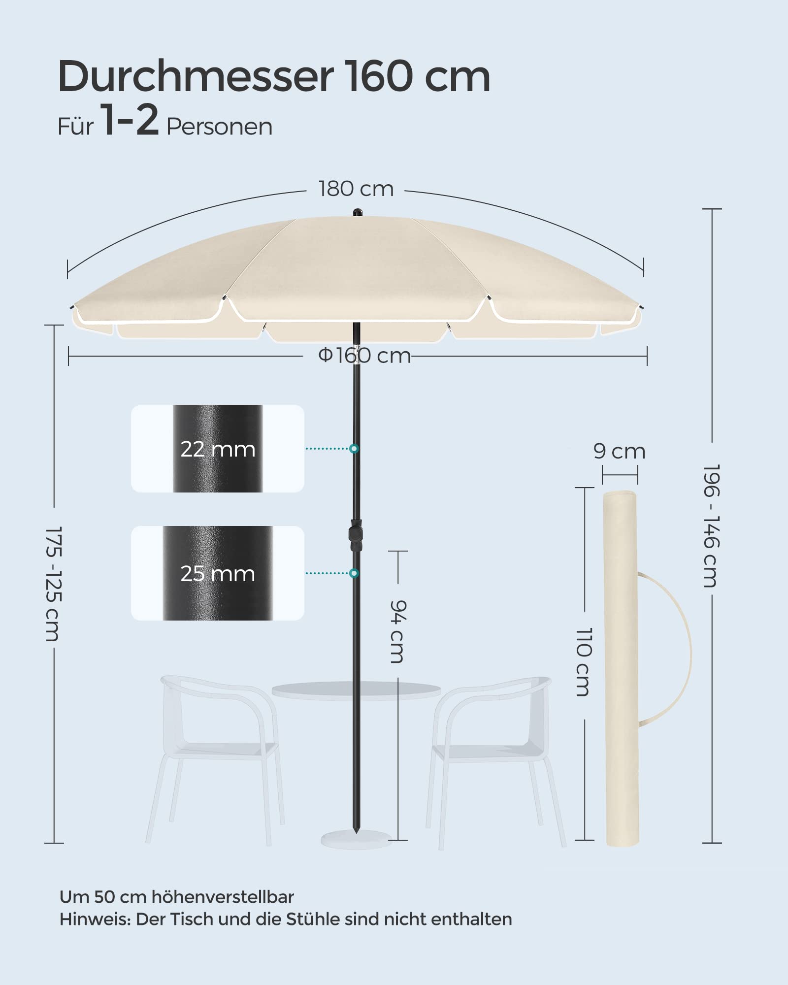 SONGMICS Sonnenschirm, 160 cm, Sonnenschutz, UPF 50+, neigbar um 30 Grad in beide Richtungen, höhenverstellbar, mit Tragetasche, für Balkon, Garten, Terrasse, Strand, ohne Sockel, Beige GPU60WTV1