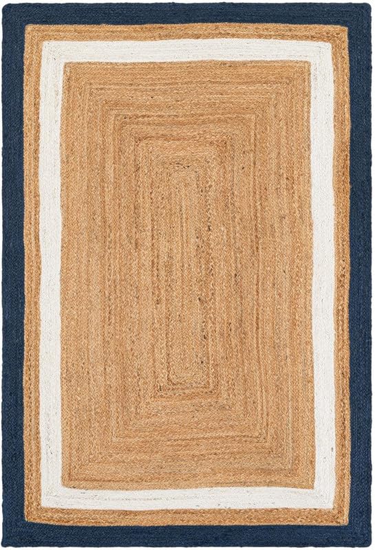Tapis rustique en jute tressé à la main pour salon, chambre à coucher, salle à manger et entrée, beige, bleu marine et blanc, 1,5 x 2,4 m