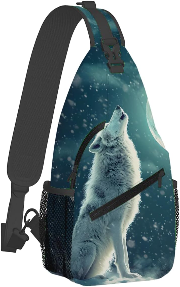 Small Animal Snow Wolf Sling Bag for Women Men Lightweight Chest Bag Crossbody Daypack Anti Theft Shoulder Backpack with Adjustable Shoulder Strap for Outdoors Sports Hiking Travel