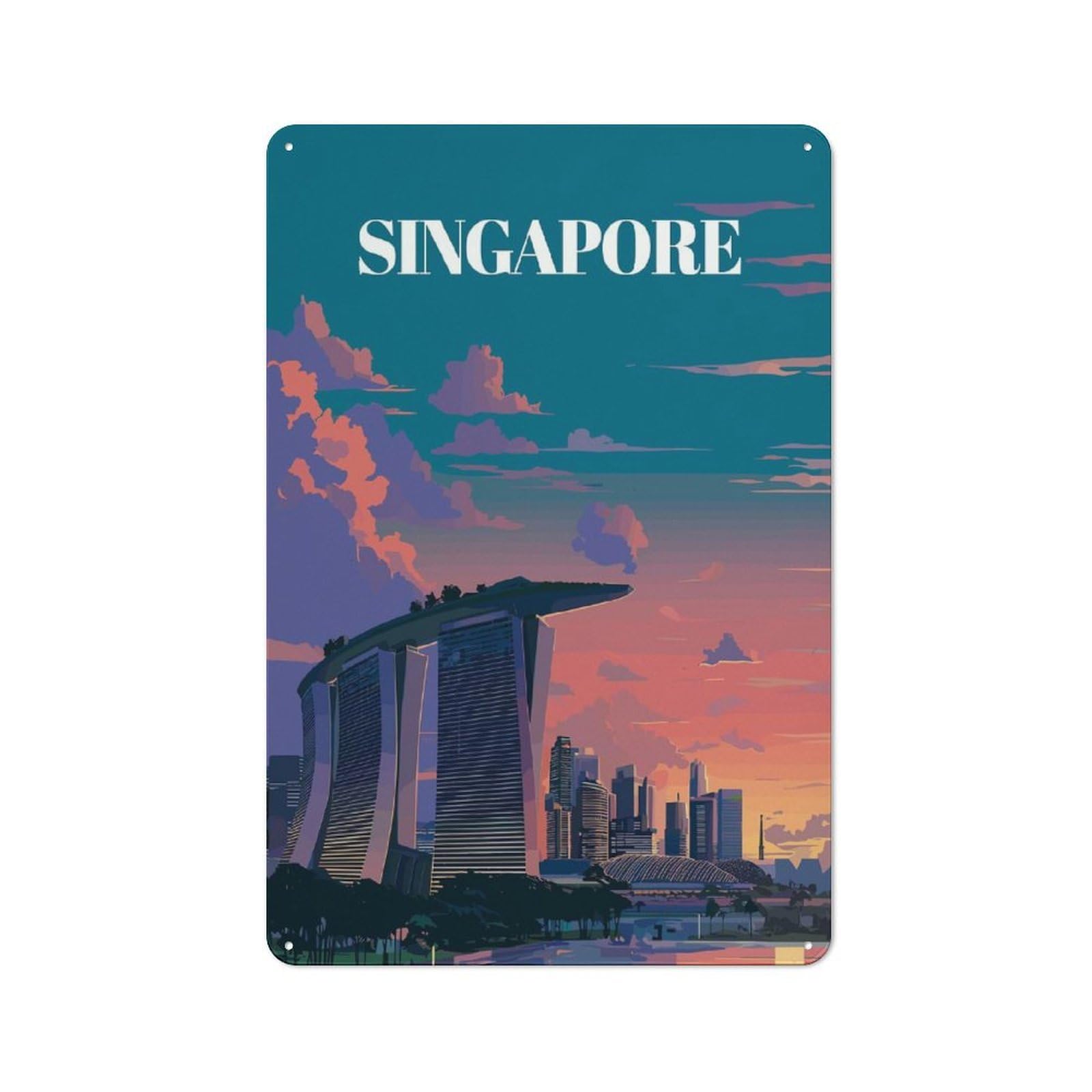 Junmoney Style-21 Singapore Skyline At Sunset(3) Decorative Metal Sign 30X20cm, Country Style Bistro Wall Plaque For Kitchen, Cafe, Pantry Or Dining Room