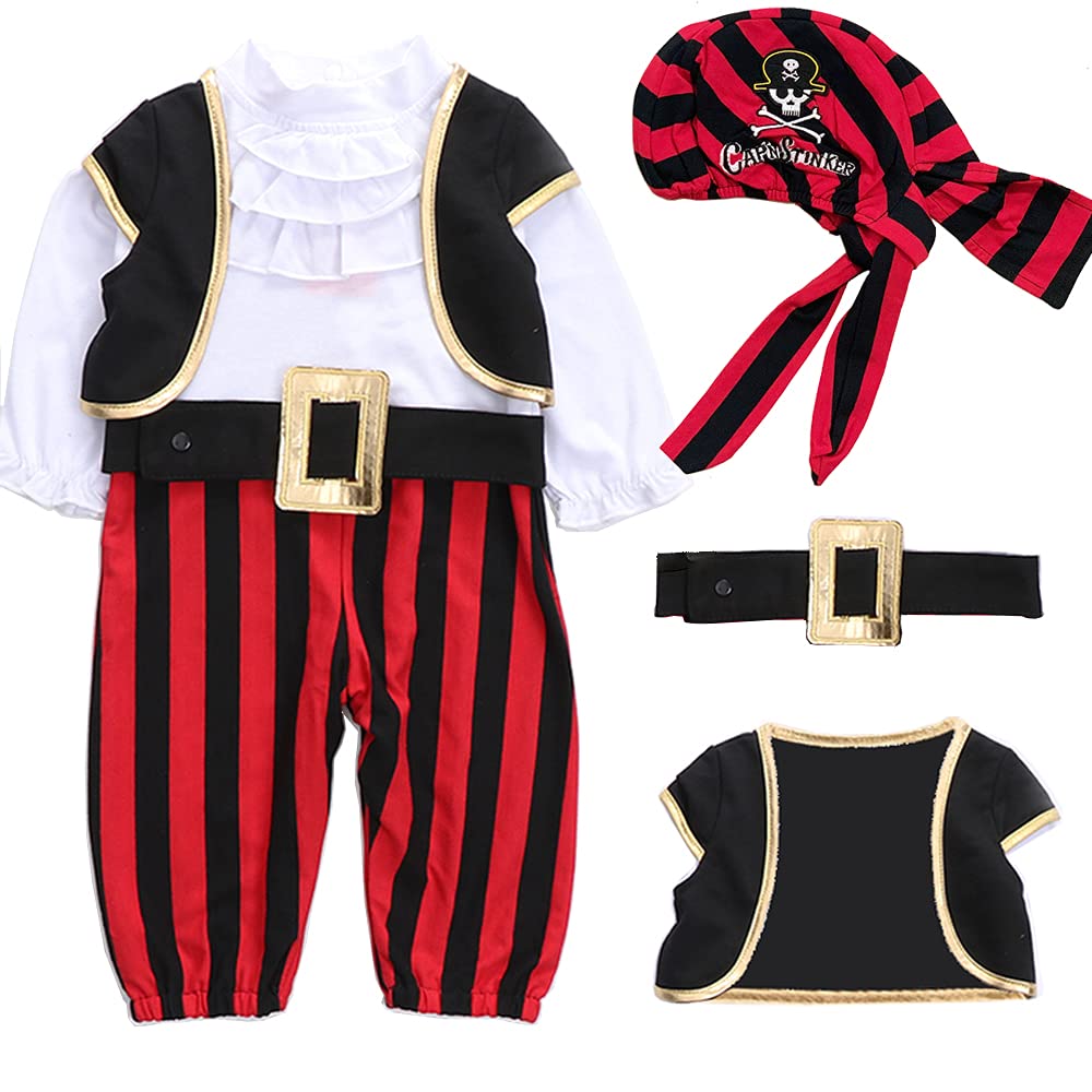 LNL Kids Halloween Costumes, Baby Boys Pirate Costume Long Sleeve Romper + Vest + Hat + Belt Set of 4, Halloween Costumes, 3 Years