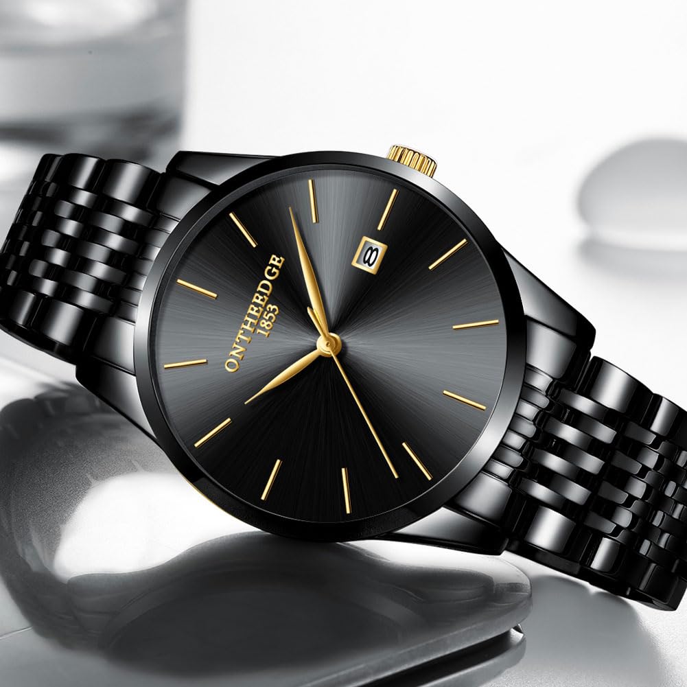 Herrenuhr aus Edelstahl, 40-mm-Zifferblatt, analoges Quarzwerk | 9-mm-extraflache Herren Armbanduhr mit Kalender, wasserdicht bis 3 ATM, eleganter Vintage-Stil in Blau, Silber und Schwarz