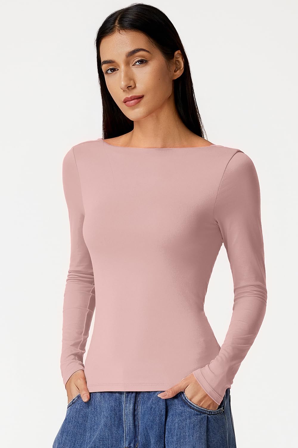 QINSEN Women Cowl Back Long Sleeve Tops Boat Neck Double Lined T-Shirts Regular Fit Casual Fall Tee Pink M - Image 4