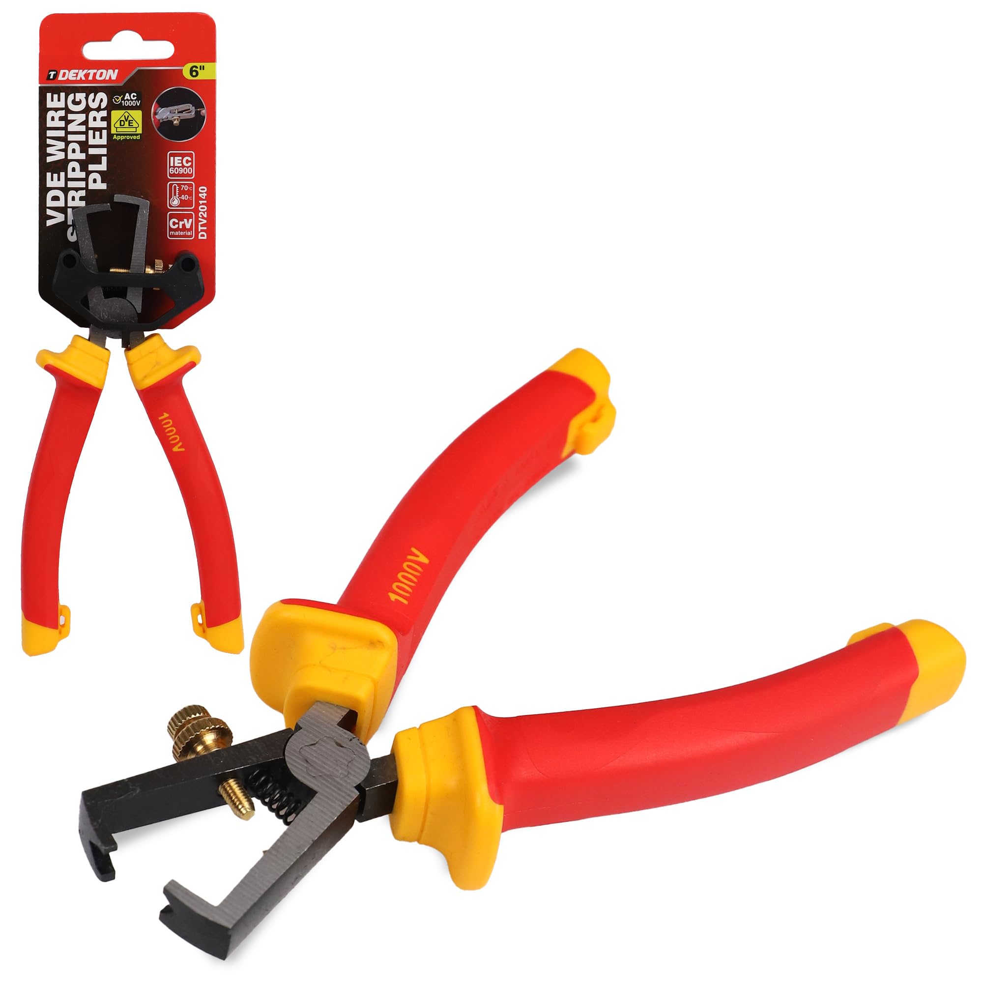 Dekton Vde Wire Stripping Pliers 6" | 1000V Ac Insulated Safety Tool | Adjustable Opening Stop & Brass Screw | Ergonomic Dual Compound Handle | Precision Wire Stripper For Electricians
