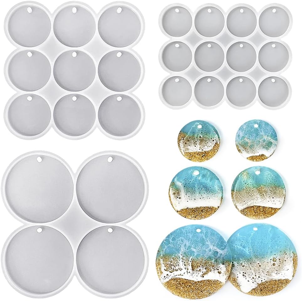 ResinWorld 25-Cavity Shiny Round Silicone Molds Set - Large Medium Small Drilled for Earrings Pendants Keychains Pet Tags