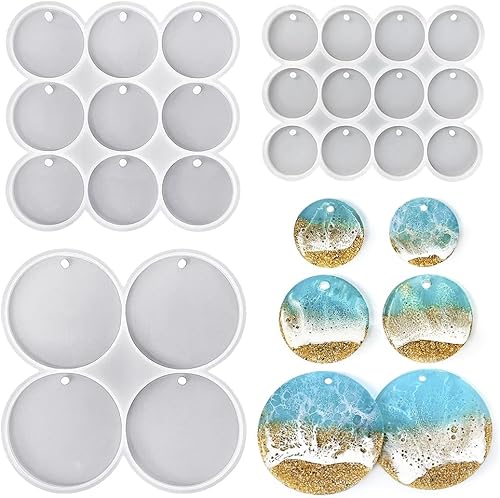 ResinWorld Juego de moldes de 25 cavidades de círculo plano brillante grande + mediano + pequeño de silicona, molde de pendientes redondo perforado,