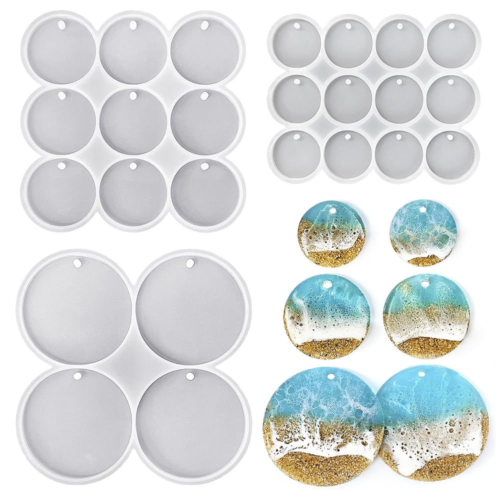RESINWORLD 25-Cavity Set of Large + Medium + Small Shiny Flat Circle Silicone Mold, Drilled Round Earrings Pendant Mold, Keychain, Pet Tag Resin Mold