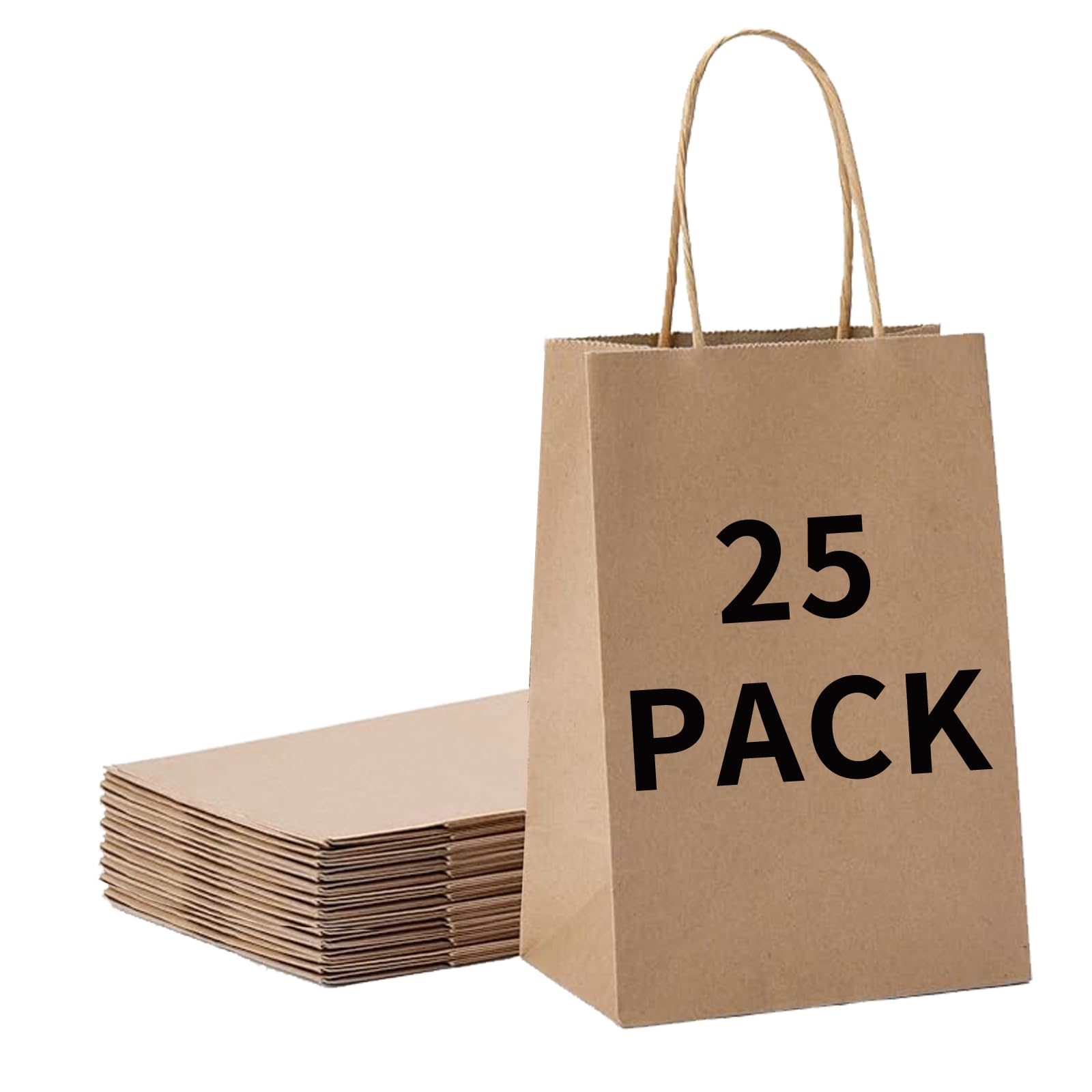 BAG BOX 25 Pcs Medium 8.25x4.3x10.6 Inch Brown Kraft Paper Gift Bags with Handles for Bulk Wedding, Party Favors, Grocery, Shopping, Retail