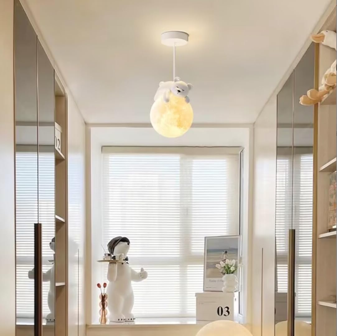 Lámpara Colgante de Luna 3D Con Oso Durmiente - Lámpara de Techo Creativa y Decorativa Para Dormitorio y Habitación de Niños