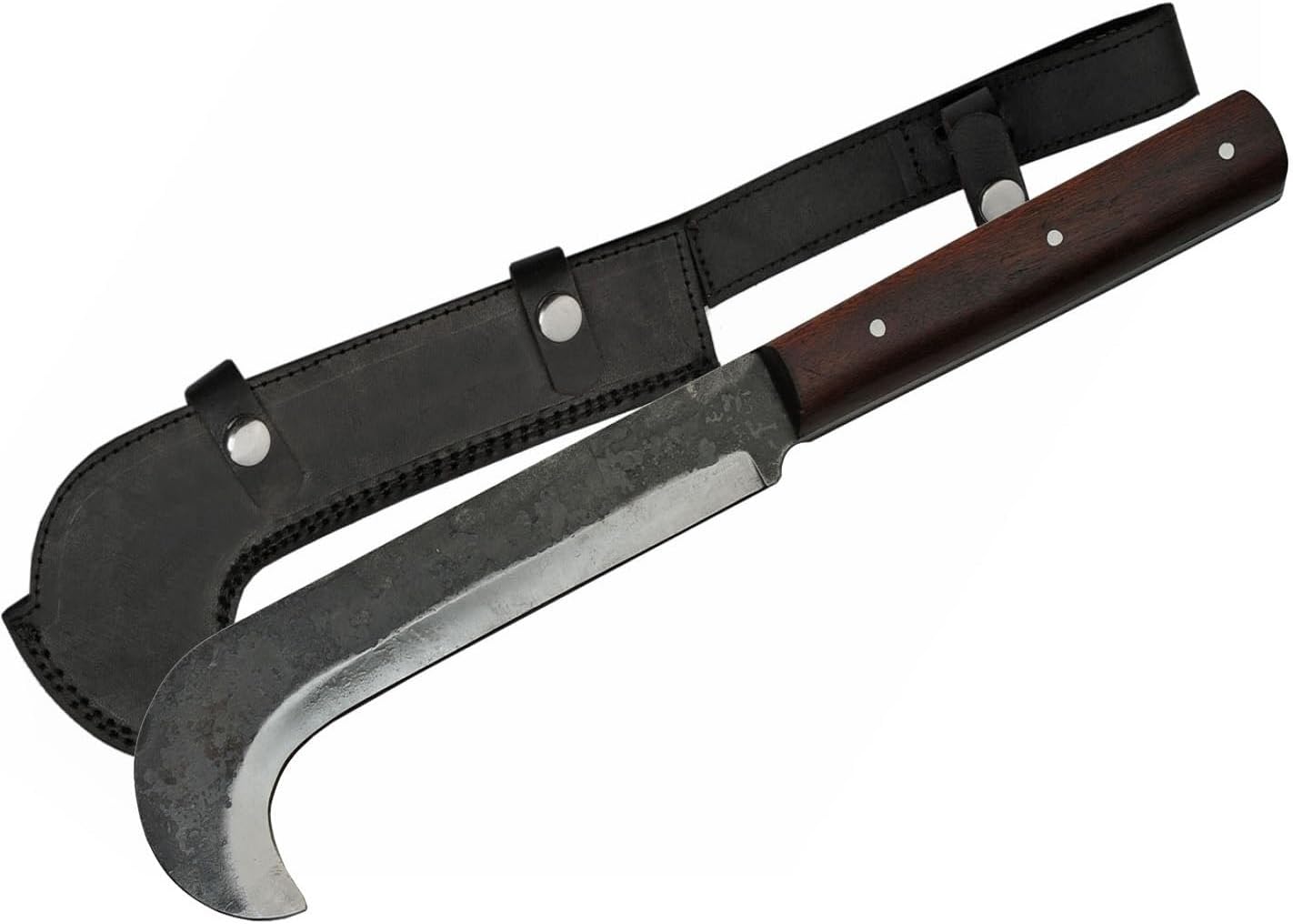 16" Billhook Machete EDC Hunting Camping Harvesting Machete Knife Full Tang Curved Carbon Steel Blade Wooden Handle with Steel Pins and a Black Leather Sheath