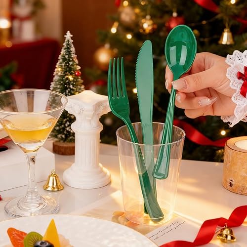 Vista 3 de WDF 160 cubiertos de plástico verde, cubiertos de Navidad resistentes que incluyen 80 tenedores, 40 cucharas, 40 cuchillos, utensilios de plástico