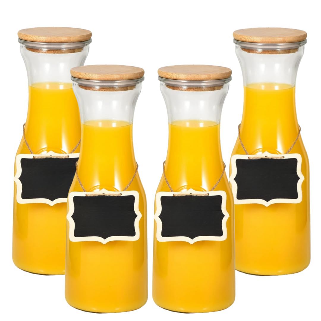 4 Pack Glass Carafe Pitchers,34 Ounces/1 Liter Beverage Dispensers with Bamboo Lids and Tags,for Water, Juicing, Iced Tea, Beverage, Wine, Mimosa Bar Supplies