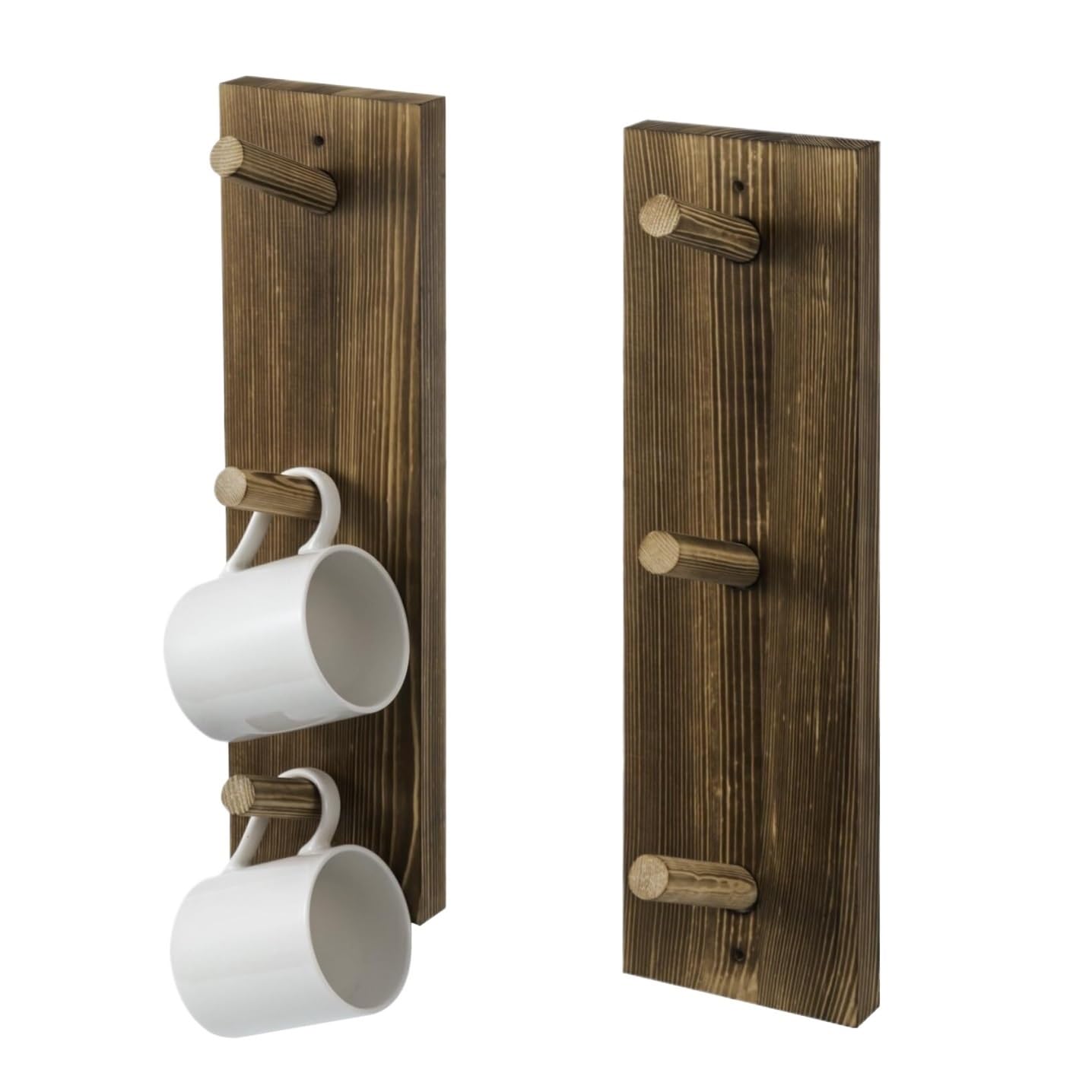 CVdrtyED Mug Shelf Organiser Wall Mounted Wooden Mug Rack 3 Hook Rustic Burnt Teacup Storage Set of 2 Storage