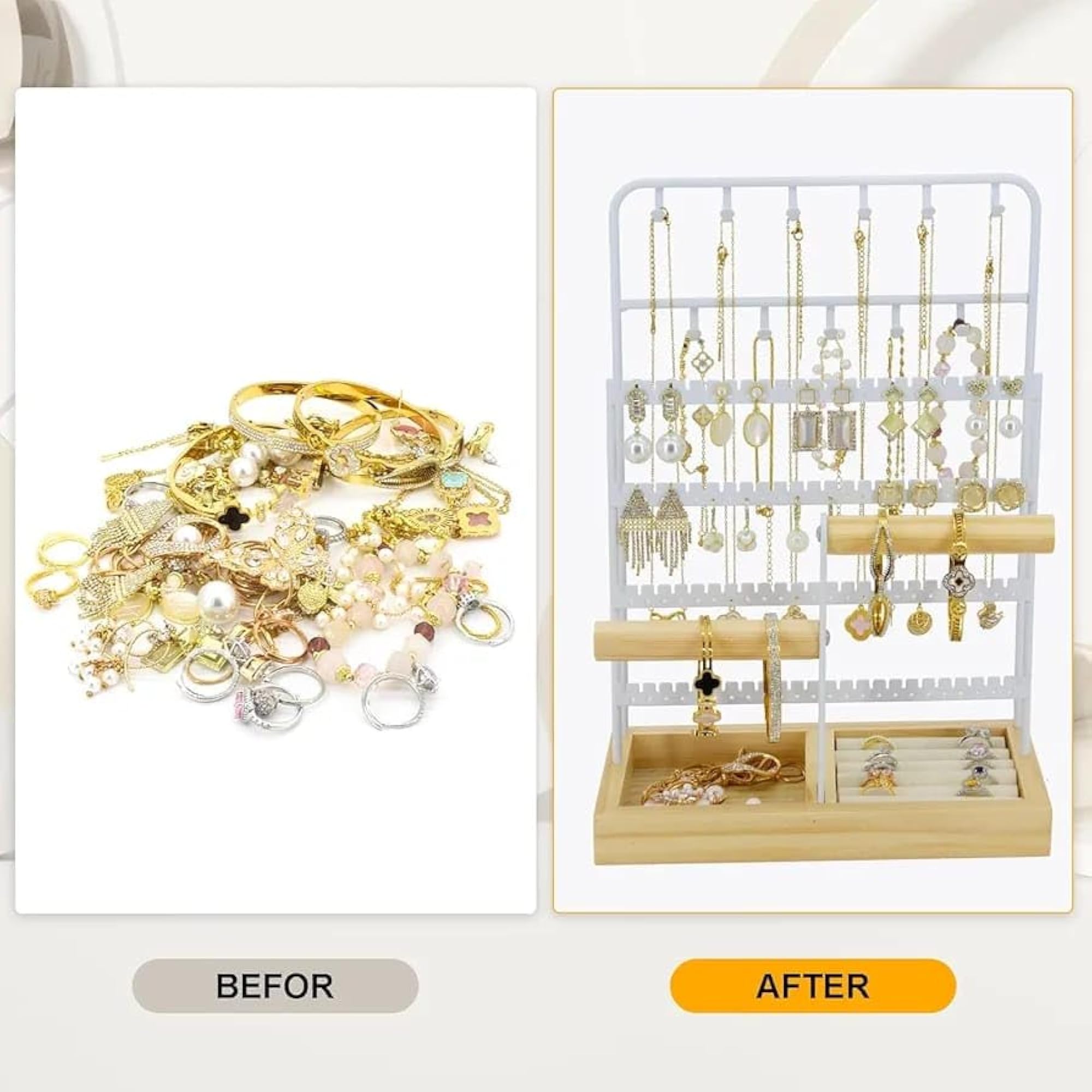8-Tier Jewelry Organizer Stand with Tray & Hooks