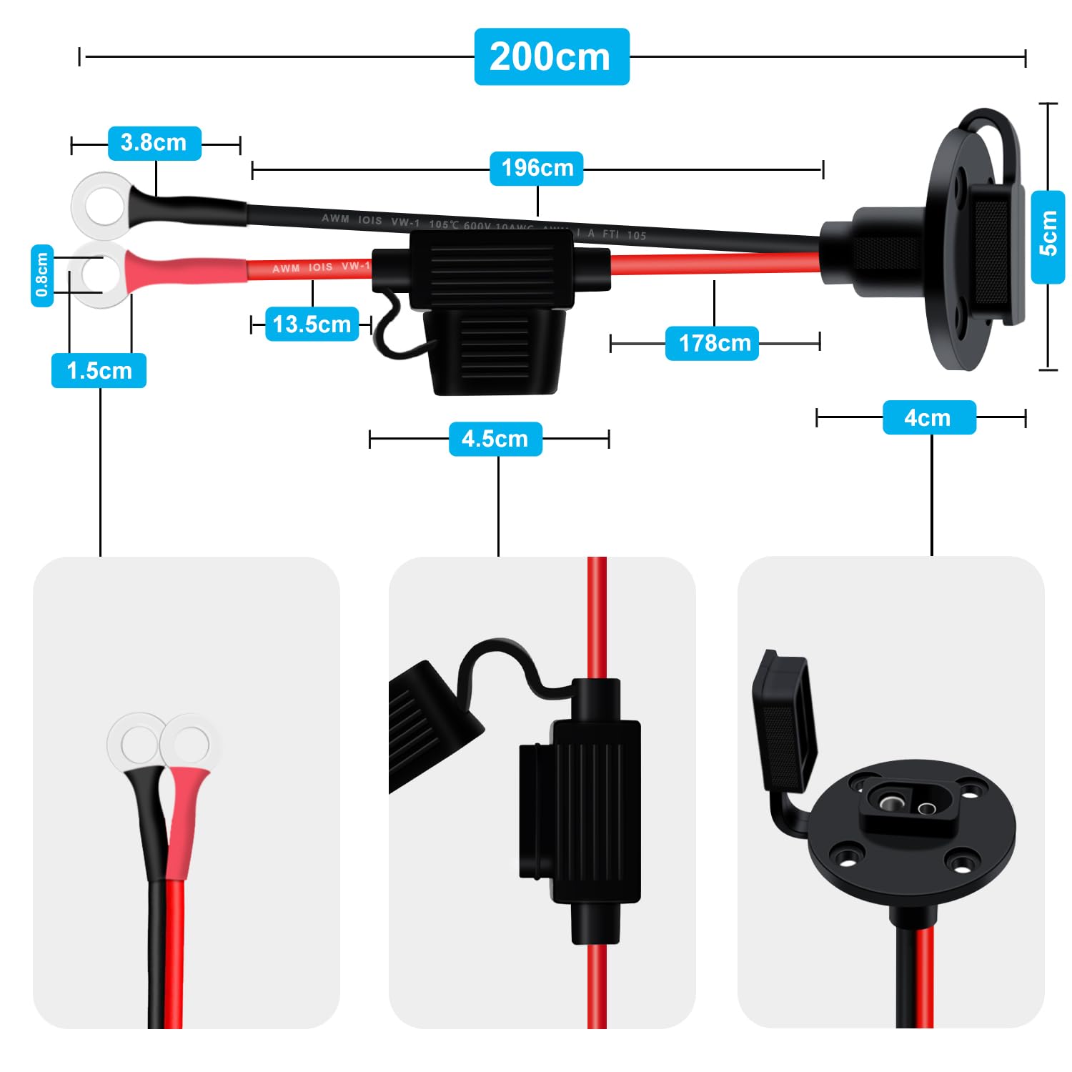 Gniazdo zasilania SAE Port 10AWG 30A SAE ścianka z bezpiecznikiem liniowym i pierścieniami uszczelniającymi 8 mm Gniazdo zasilania słonecznego do motocykli, traktorów i (10 AWG, 2 m)