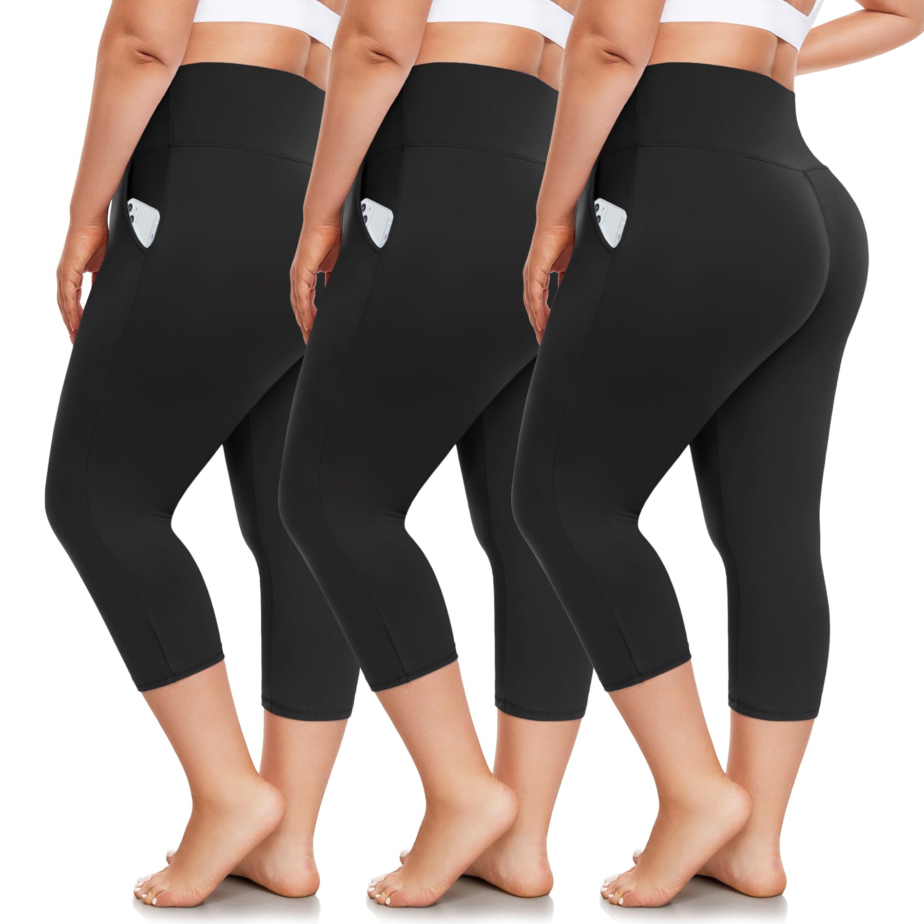 3 Pack Plus Size Capri Leggings with Pockets for Women -High Waist Stretchy 1X-4X Workout Yoga Pants(3XL,BLK)