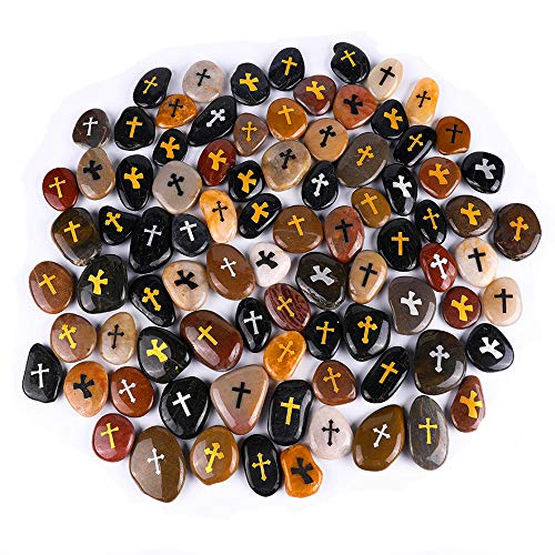 ROCKIMPACT 100 Cruz Piedras Grabadas, Piedra de Palabra, Piedra de Afortunada, Rocas Inspiradoras, Piedras de Agradecimiento, Guijarros Decorativos (al por Mayor, Cruz, 5-8 cm Cada uno)