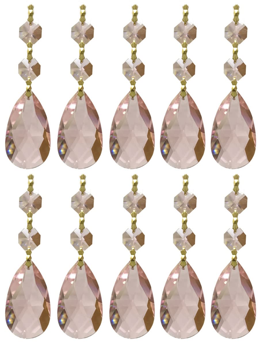 Royal Designs Replacement Chandelier Crystal Prism Pink K9 Quality Tear Drop Almond Cut with Polished Brass Connectors and 2 Pink Octogan Crystal Beads Pack of 10